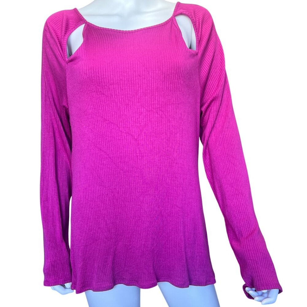 Cyrus Fuchsia Ribbed Long-Sleeve Top w/ Cutout Details Womens Size XL